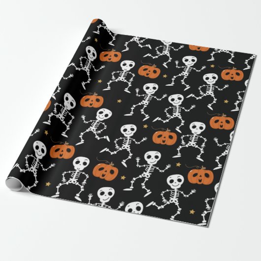 Cute Skeleton en pomkin Pattern Cadeaupapier (Uitgerold)