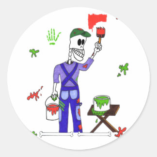 Cute Skeleton House Painter in Overalls Painting Ronde Sticker