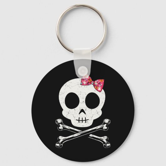 Cute Skull en Crossbones Roze Stropdas Halloween S Sleutelhanger (Voorkant)