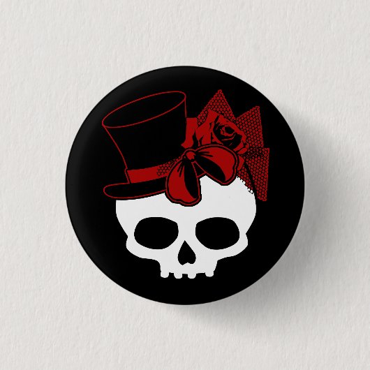 Cute Skull met bovenste Roos Red Bow Button (Voorkant)