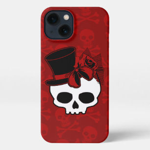 Cute Skull met bovenste Roos Red Bow iPhone 13 Hoesje