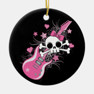 Cute Skull met roze gitaar Keramisch Ornament