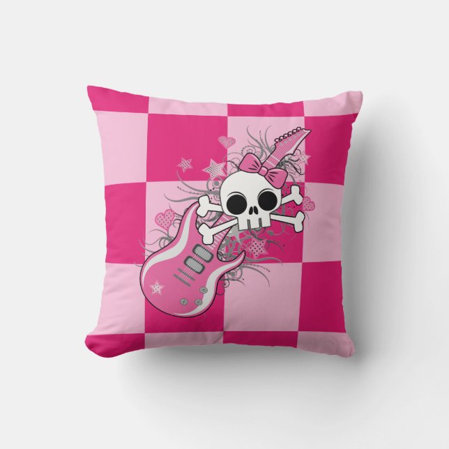 Cute Skull met roze gitaar Kussen (Voorkant)