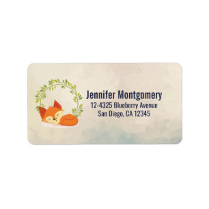 Cute Slapende Oranje vos met groene bladeren, Wrea Etiket