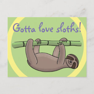 Cute slapy sloth hangt op groene bamboe cartoon briefkaart