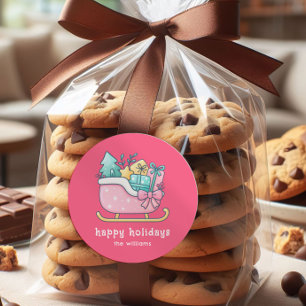 Cute slee met cadeautjes Prettig kerstfeest Roze Ronde Sticker