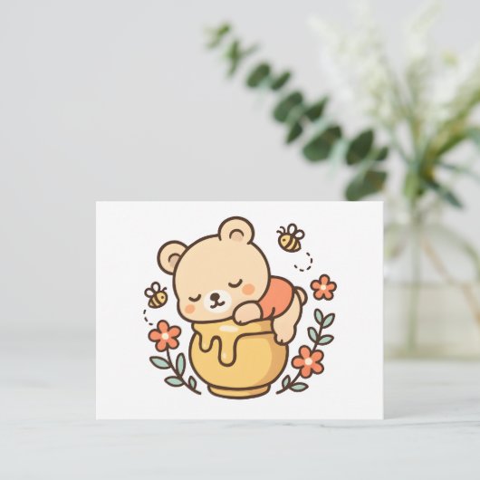 Cute Sleeping Bear Honey Pot Kawaii Design Briefkaart (Staand voorkant)