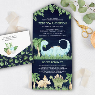 Cute Sleeping Dinosaur Navy Blue Baby shower All In One Uitnodiging