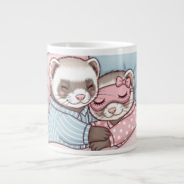 Cute Sleeping Ferret Couple in Pajamas Love Mug Extra Grote Beker