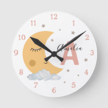 Cute Sleeping Moon Baby Nursery Clock Peach Pink
