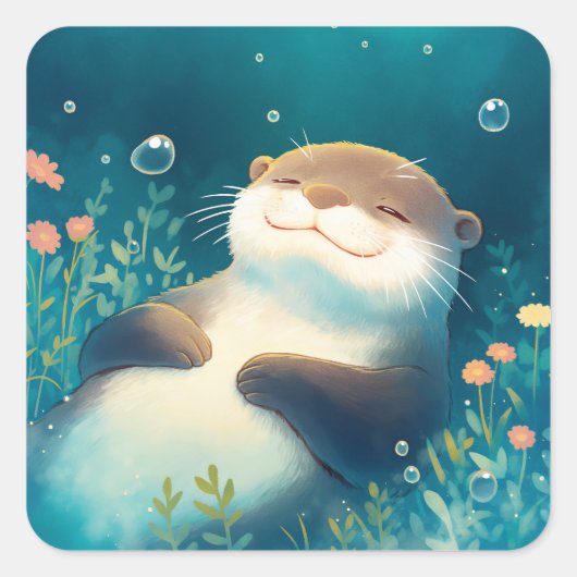 Cute Sleeping Sea Otter Underwater with Bubbles Vierkante Sticker (Voorkant)