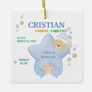 Cute Sleeping Teddy Bear Baby Boy Birth Stats Cera Keramisch Ornament