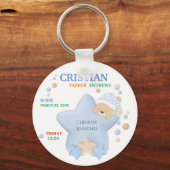 Cute Sleeping Teddy Bear Baby Boy Birth Stats Sleutelhanger (Voorkant)