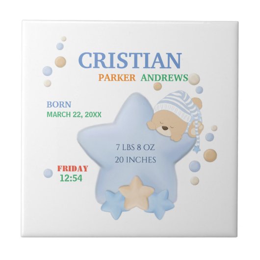 Cute Sleeping Teddy Bear Baby Boy Birth Stats Tegeltje (Voorkant)