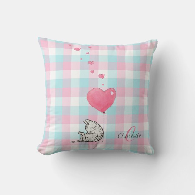 Cute Sleepy Cat Pink Blue Monogram Kussen (Voorkant)