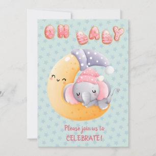 Cute Sleepy Elephant on Moon Girl Baby shower Kaart