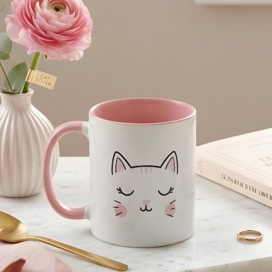 Cute Sleepy Kitty Face Pink & White Mug