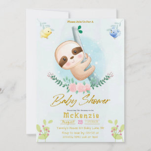 Cute Sloth and Birds Girl Baby shower Kaart
