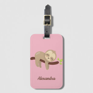 Cute Sloth Animal Illustration on Pink Monogrammed Bagagelabel
