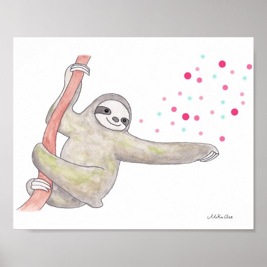 Cute Sloth Art Poster Happy Sloth Animal Wall Art (Voorkant)