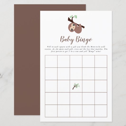 Cute Sloth Baby shower Game Bingo Brown Kawaii (Voorkant / Achterkant)