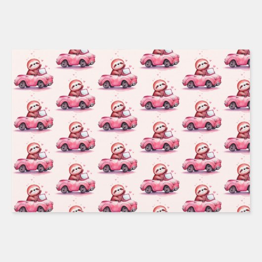 Cute Sloth Driving a Pink Convertible Pattern Inpakpapier Vel (Voorkant 2)