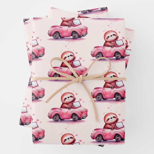 Cute Sloth Driving a Pink Convertible Pattern Inpakpapier Vel (In situ)