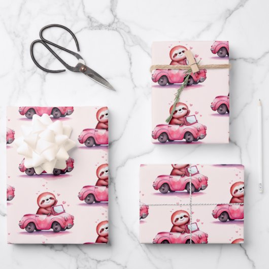 Cute Sloth Driving a Pink Convertible Pattern Inpakpapier Vel (Voorkant)
