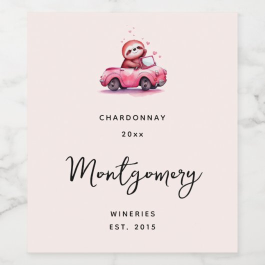 Cute Sloth Driving a Pink Convertible Wine Making Wijn Etiket (Enkel label)