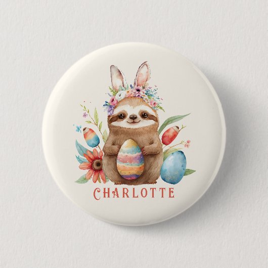 Cute Sloth Easter Bunny Rabbit Eggs Name Ronde Button 5,7 Cm (Voorkant)