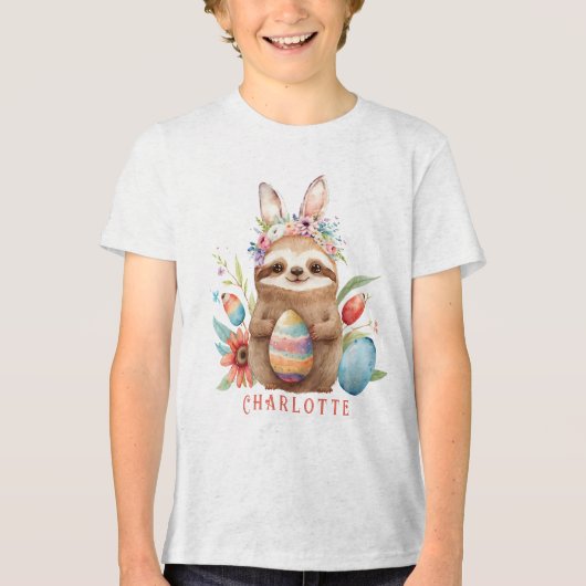 Cute Sloth Easter Bunny Rabbit Eggs Name Tri-Blend Shirt (Voorkant)
