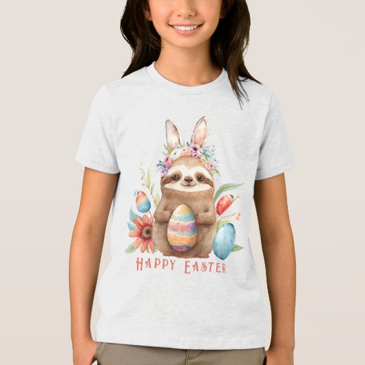 Cute Sloth Easter Bunny Rabbit Waterverf Eggs Tri-Blend Shirt (Voorkant)