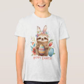 Cute Sloth Easter Bunny Rabbit Waterverf Eggs Tri-Blend Shirt (Voorkant)