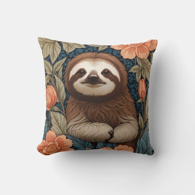 Cute Sloth Elegant Floral William Morris Inspired Kussen (Voorkant)