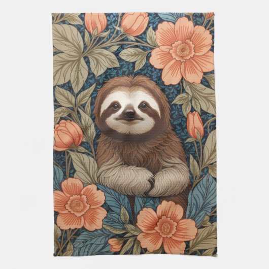 Cute Sloth Elegant Floral William Morris Inspired Theedoek (Verticaal)