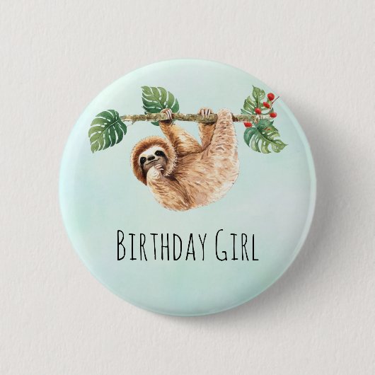 Cute Sloth Hanging Up Down Birthday Girl Ronde Button 5,7 Cm (Voorkant)