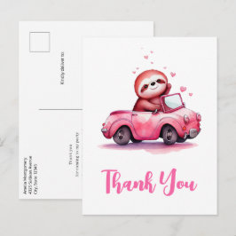 Cute Sloth in a Pink Convertible Thank You Briefkaart