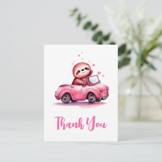 Cute Sloth in a Pink Convertible Thank You Briefkaart (Staand voorkant)