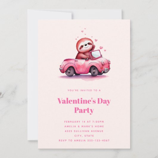 Cute Sloth in a Pink Convertible Valentine's Day Kaart (Voorkant)