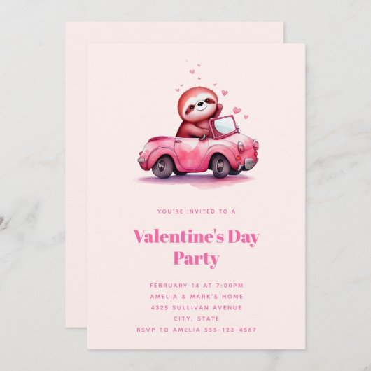 Cute Sloth in a Pink Convertible Valentine's Day Kaart (Voorkant / Achterkant)