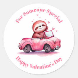 Cute Sloth in a Pink Convertible Valentine's Day Ronde Sticker
