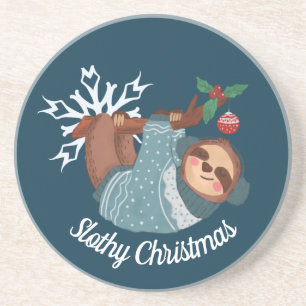 Cute Sloth in Sweater voor een Slaapse Kerstmis Zandsteen Onderzetter