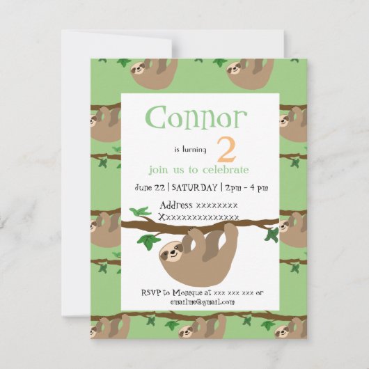 Cute Sloth, invitation à la fête d'anniversaire (Devant)