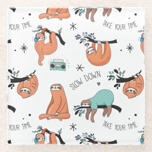 Cute Sloth Pattern Glazen Onderzetter (Voorkant)