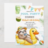 Cute sloth pool theme invitation (Devant / Derrière)