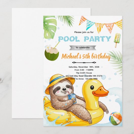 Cute sloth pool theme invitation (Devant / Derrière)