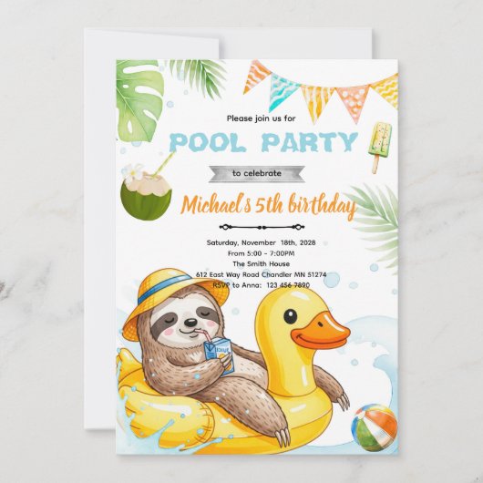 Cute sloth pool theme invitation kaart (Voorkant)