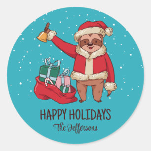 Cute Sloth Santa Kerstmis Snowy Winter Holiday Ronde Sticker