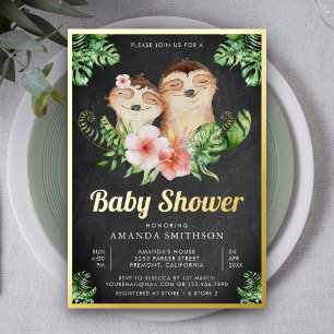 Cute Sloth Twins Krijtbord Baby Shower Goud Folie Uitnodiging