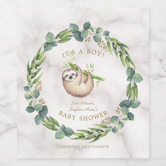 Cute Sloths Eucalyptus WreatBaby shower Wijn Etiket (Enkel label)